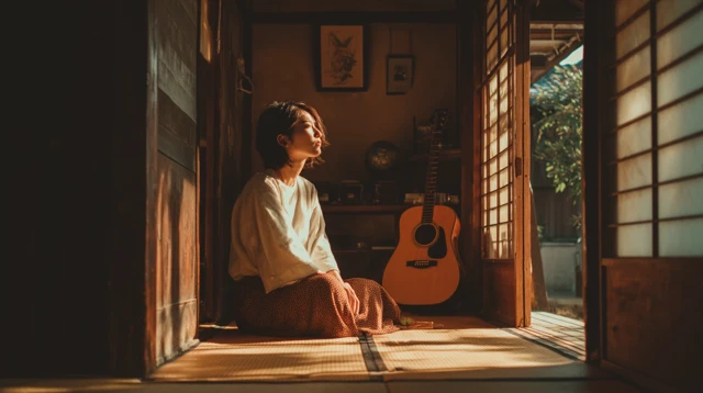 Woman in Japanese Room Sunlight Acoustic Guitar