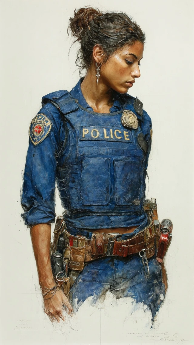 Creole Policewoman Portrait Gouache Painting