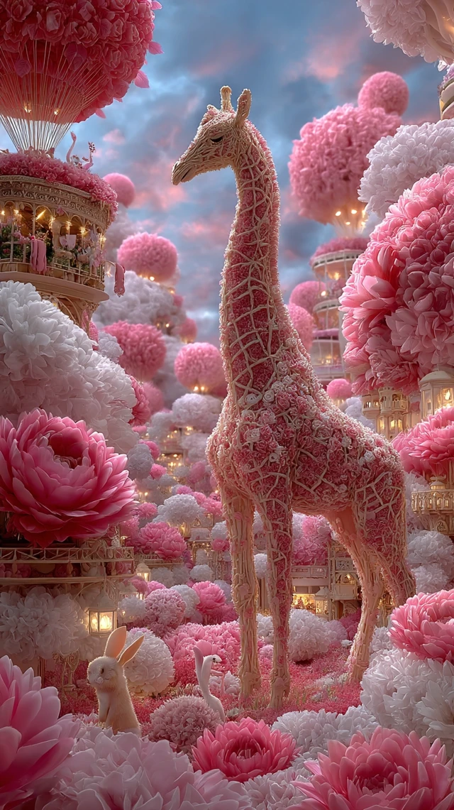 Dreamy Floral Giraffe in a Floating Flower Market