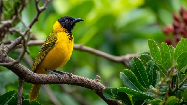 Black Crowned Yellow Bird on Branch in Lush Foliage