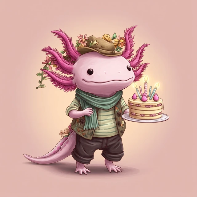 Bohemian Axolotl Birthday Cake Illustration