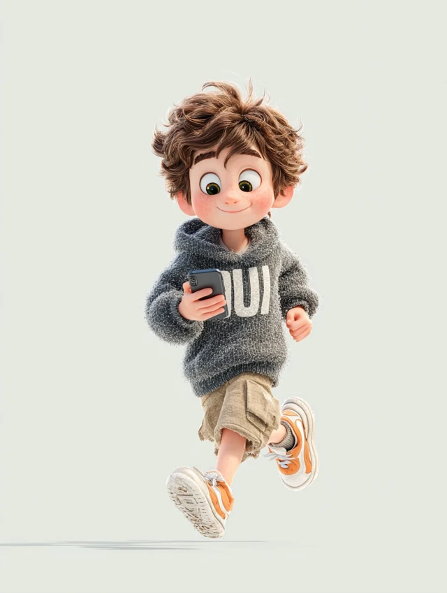 Cheerful Pixar-Style Child with Smartphone 3D Render