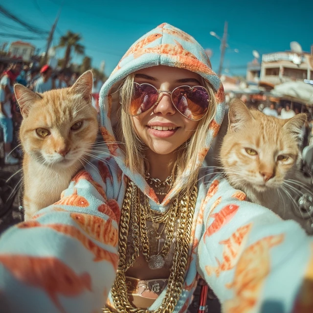 Cats and Woman on a Motorbike Photorealistic Image