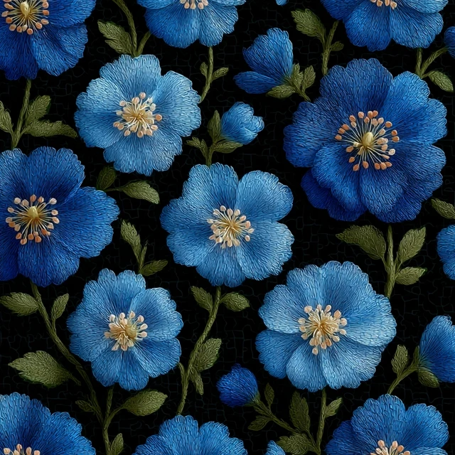 Elegant Flaxseed Flower Pattern Floral Design Blue and Black