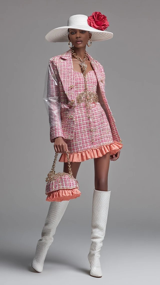 Elegant Fashion Model in Pink Tweed Editorial