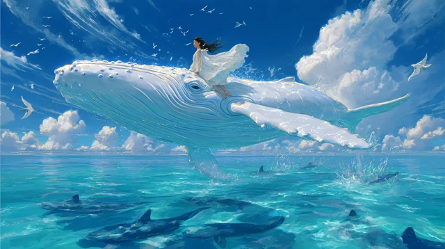 Woman on Whale Soaring Above Sea Fantasy Art