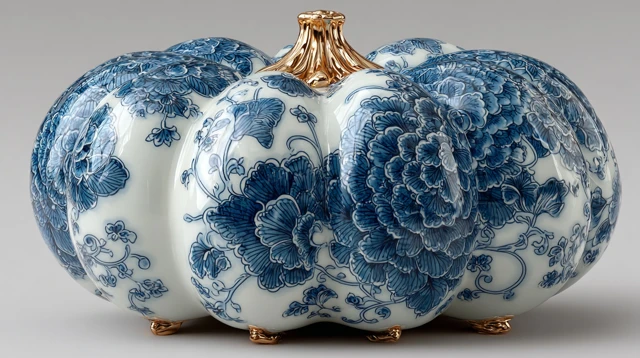 Porcelain Pumpkin Blue Chinese Motif Studio Photography