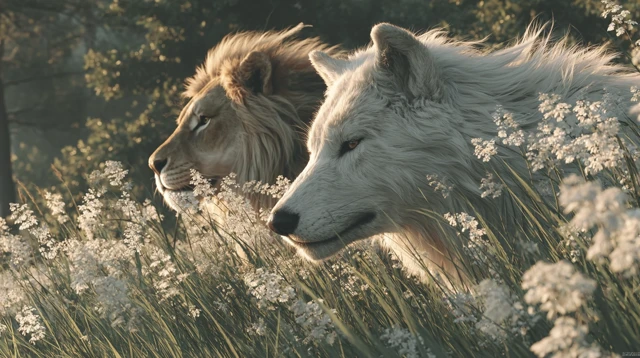 White Wolf and Lion Playing in the Grass