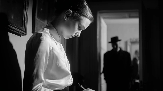Woman Signs Statement Dramatic Noir Scene
