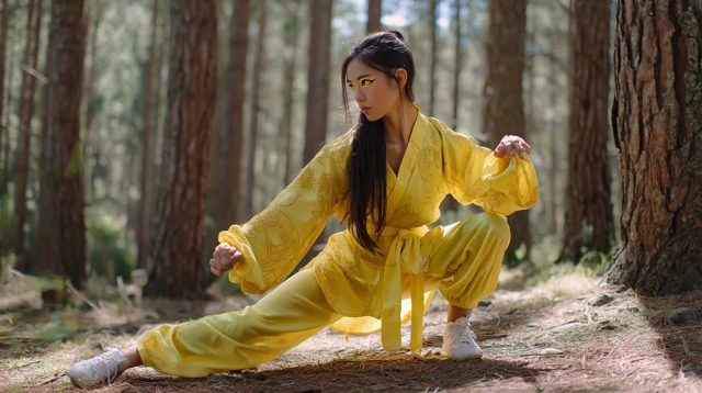 Asian Martial Artist in Yellow Robe in Forest