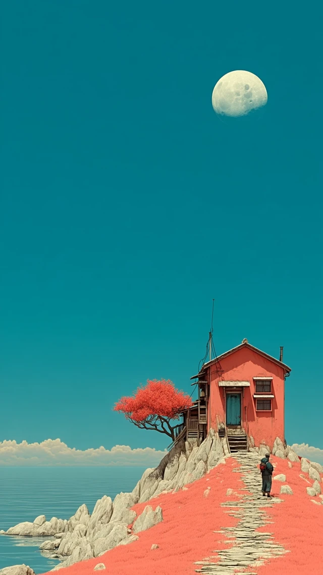 Ghibli Style House and Moon Illustration