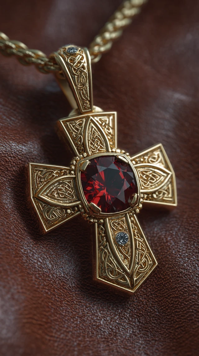 Victorian Crusader Cross Necklace Red Spinel Diamond Gold