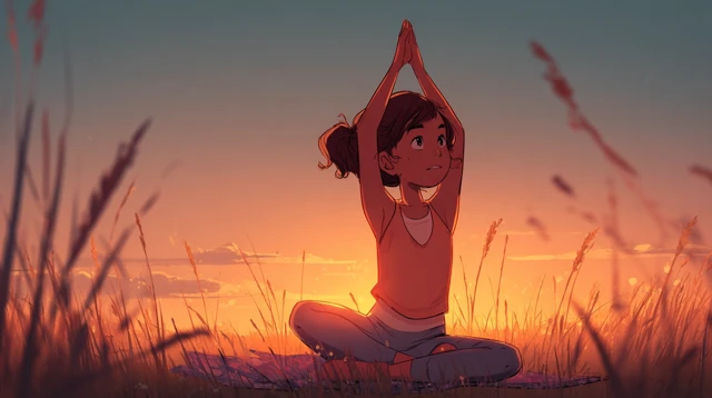 Girl Doing Yoga in Sunset Meadow Peaceful Scene