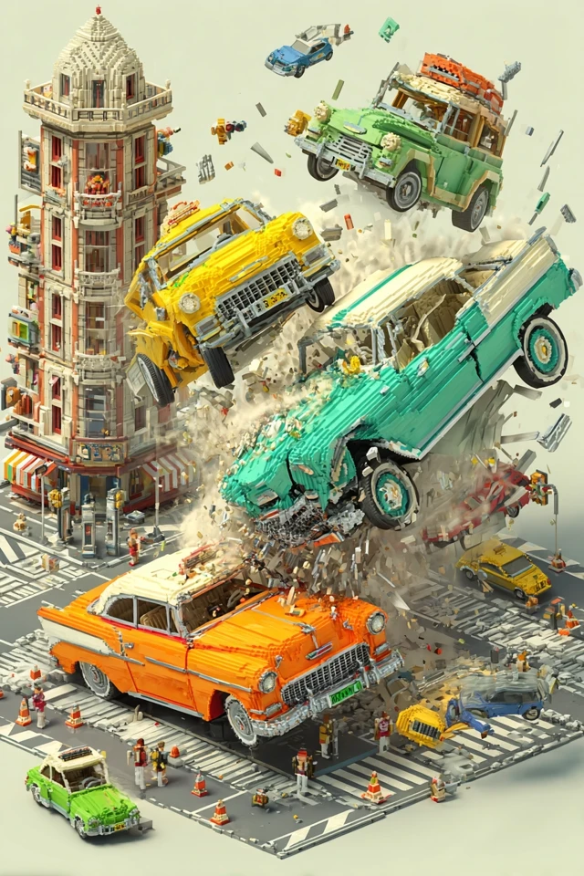 Toy Car Crash 3D Voxel Art Scene