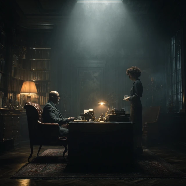 Luxurious Office Scene Man Taking Notes Woman with Coffee