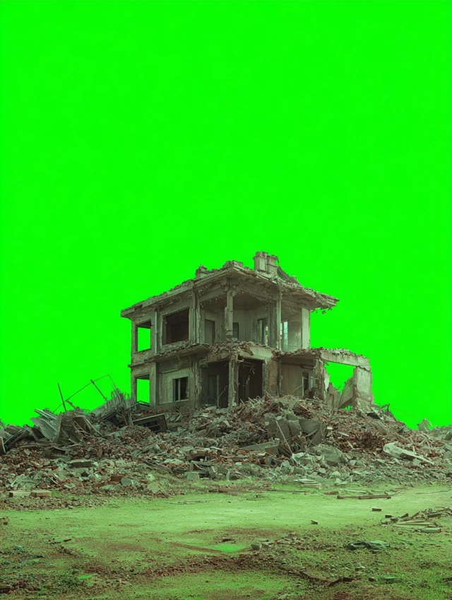 Post Apocalyptic Ruins Building Green Background
