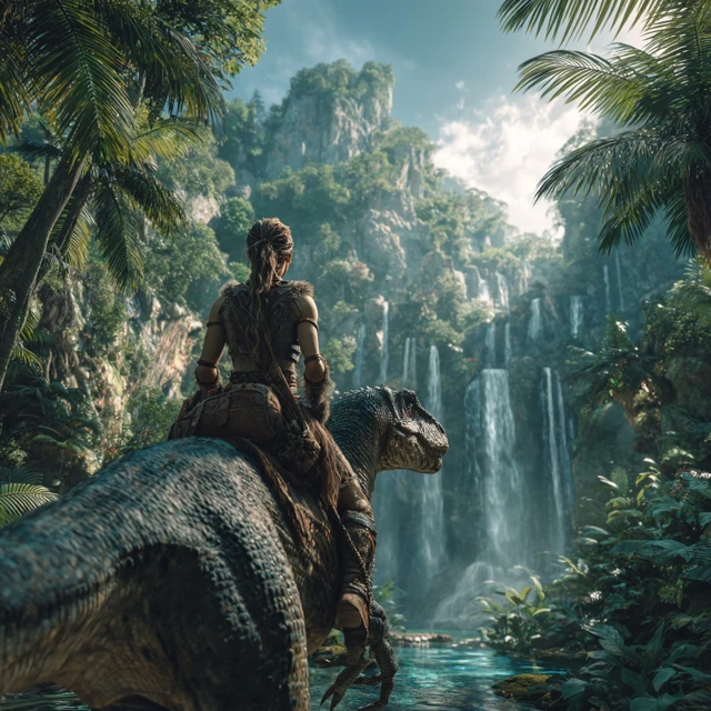 Cavewoman Rides Velociraptor in Prehistoric Rainforest