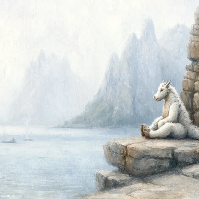 Whimsical Creature on a Rock Fjord Scenery