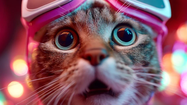 Surprised Cat in VR Headset Colorful Lights