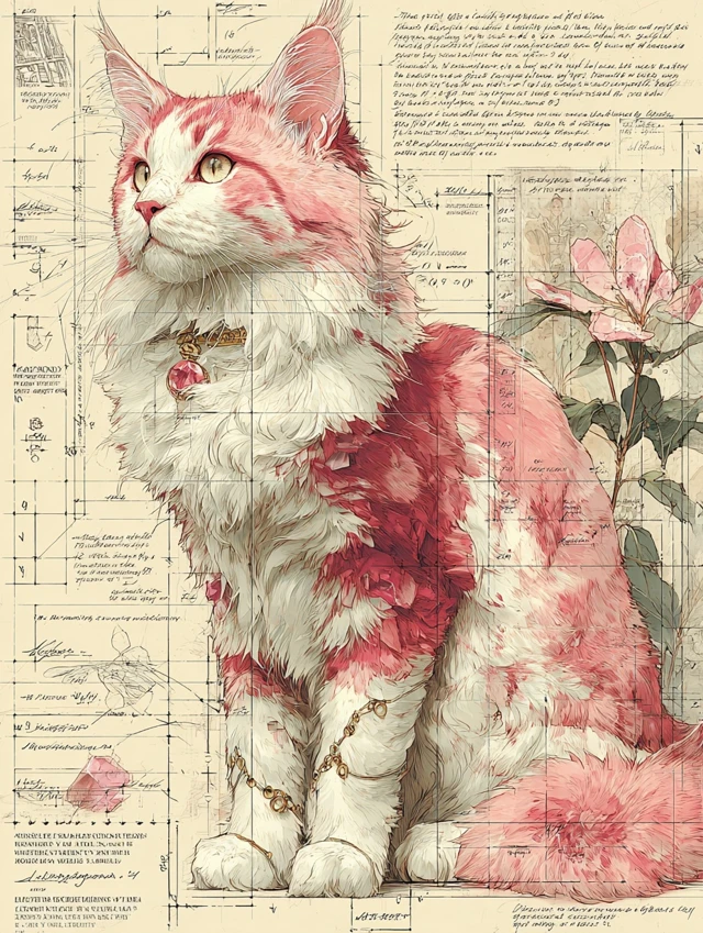 Pink Cat Anatomical Illustration Da Vinci Style