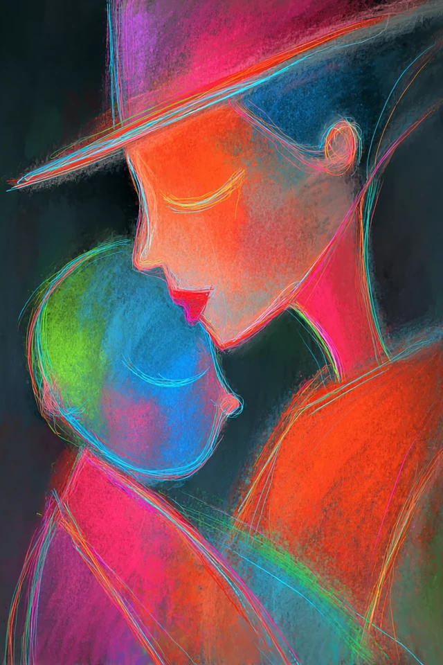 Mother and Baby Portrait Neon Line Art
