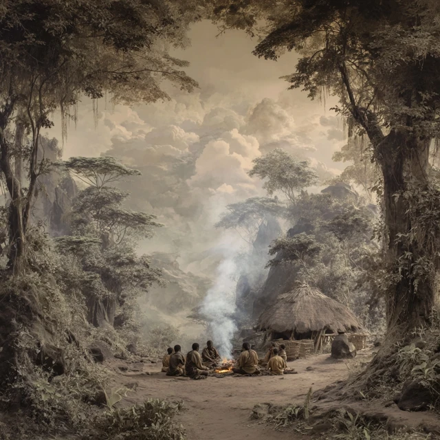 Tribal Gathering Around a Fireplace Forest Scene