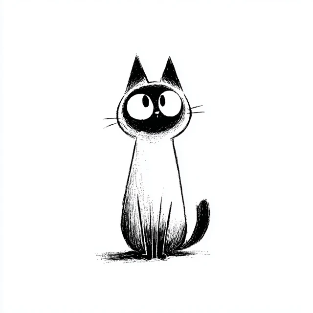 Cartoon Cat Simple Black and White Ink Drawing