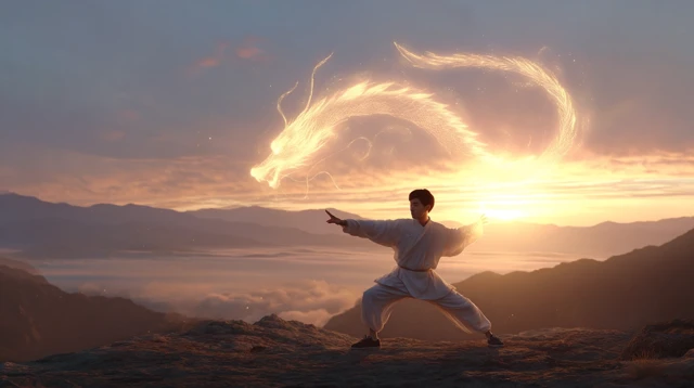 Tai Chi Master and Dragon Energy at Sunset
