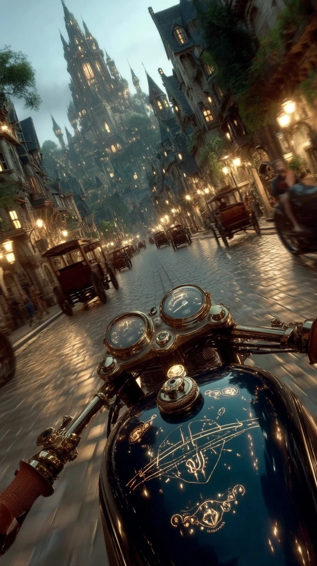 Fantasy Motorcycle Ride Through a Glowing City at Dawn