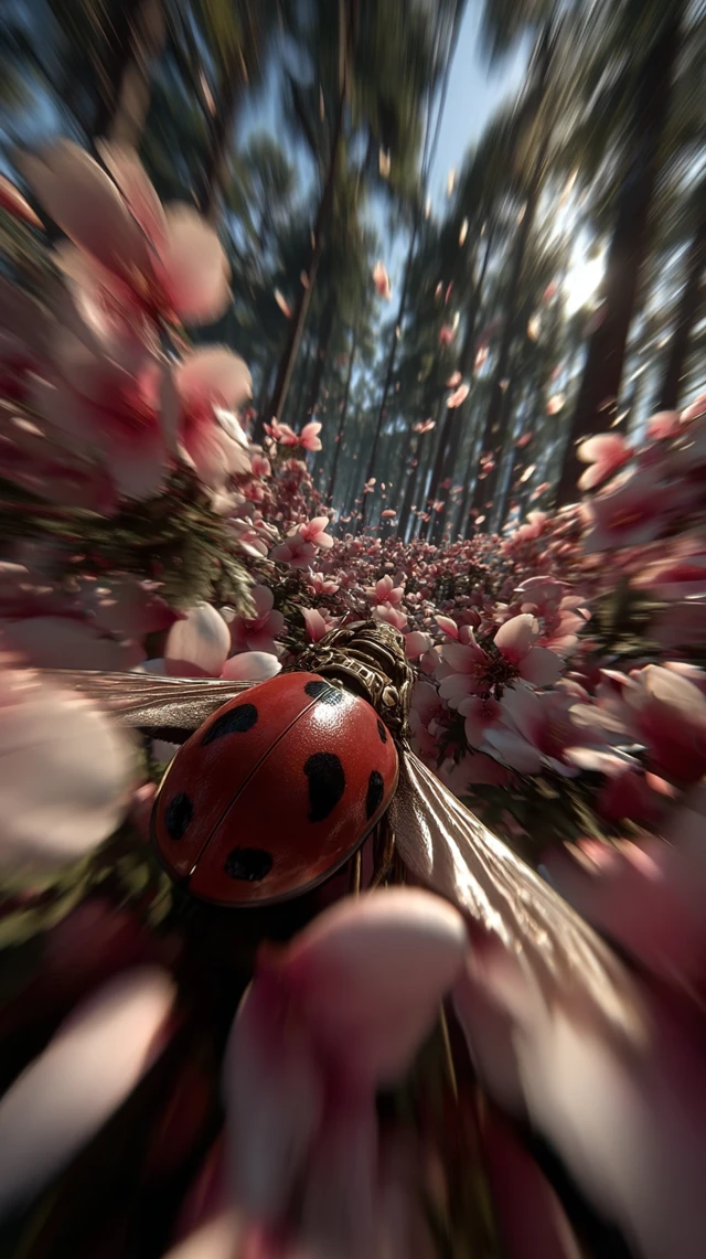 Ladybug Flight Through a Flower Forest