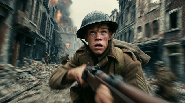 WWII Soldier Runs Through War Torn Street