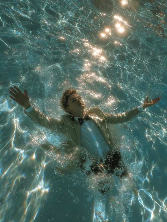 Man in Suit Floating Underwater Artistic Photo