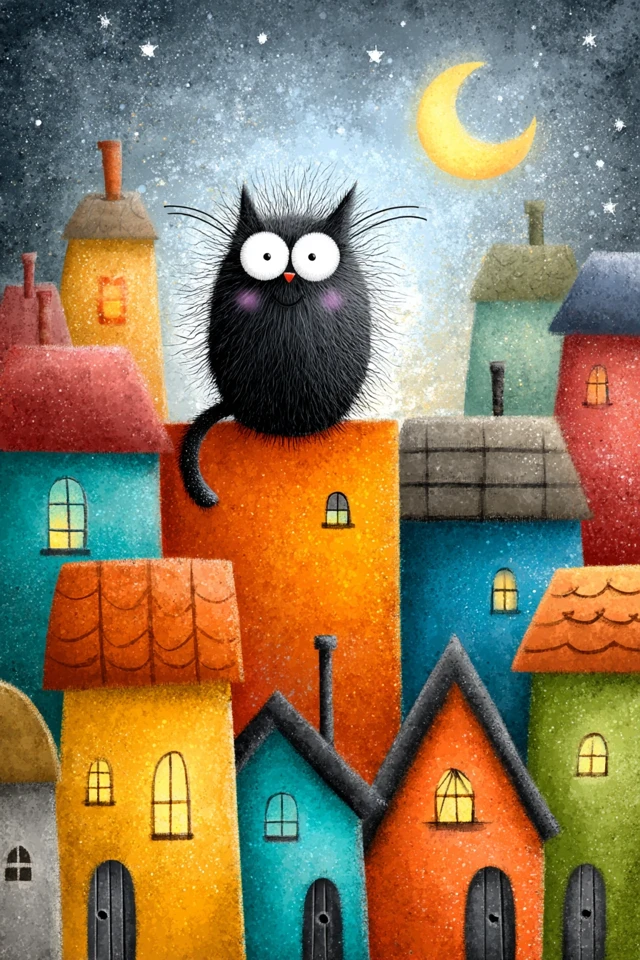 Cute Cat on Rooftop Cartoon Night Scene
