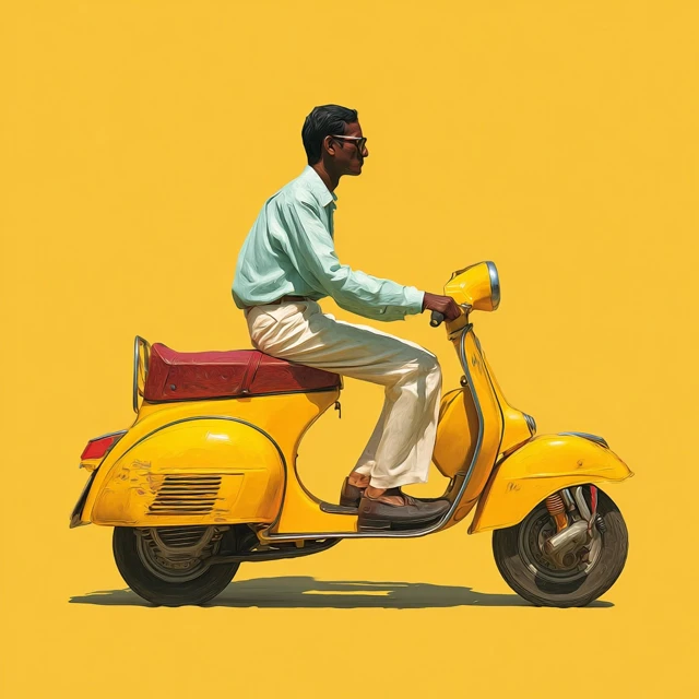 Indian Man on Yellow Scooter Vintage 1980s Style