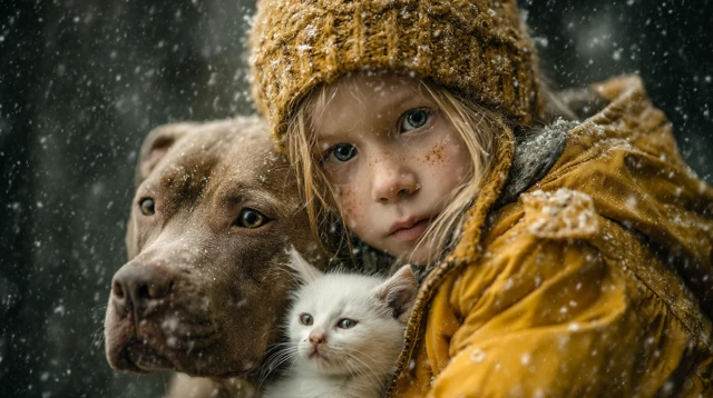 Girl Hugging Dog and Cat in Winter Scene