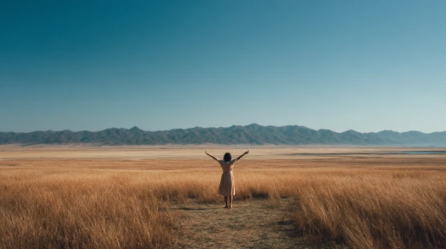 Woman on Korean Grassland Cinematic Landscape