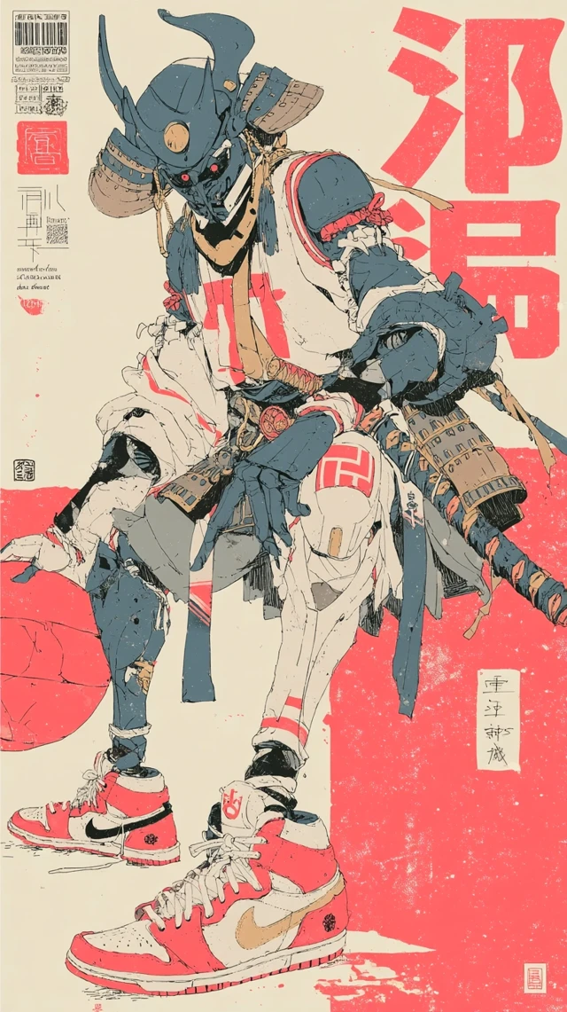 Samurai Basketball Player: Japanese Magazine Style Poster