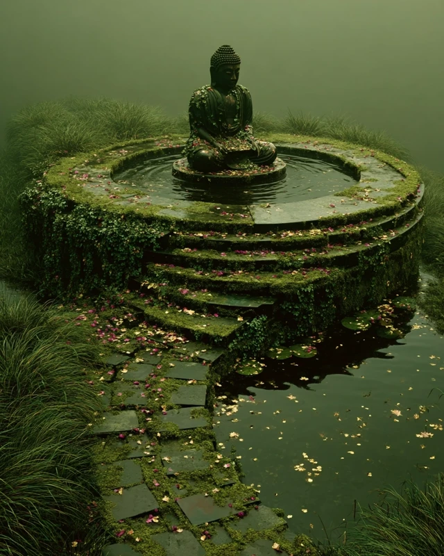 Mystical Shrine in Misty Marsh Cinematic Realism