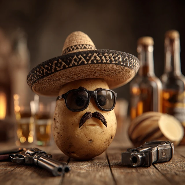 Mexican Potato Funny with Sombrero Glasses and Tequila