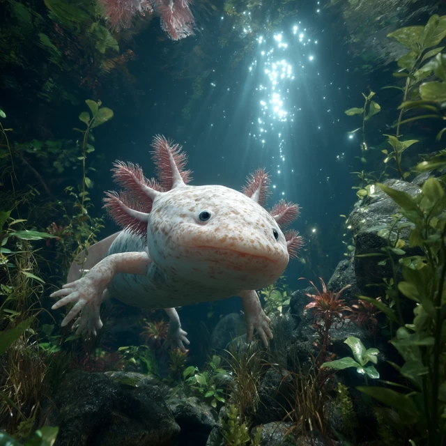 Realistic Axolotl Underwater in Clear Lake