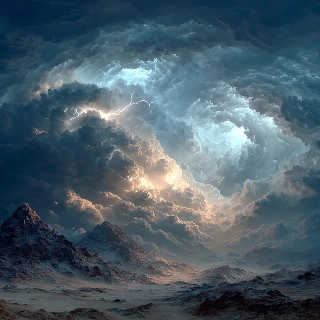 Stormy Sky Lightning Over Ancient Mountains