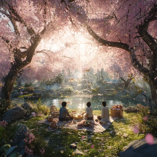 Sakura Picnic: Friends Enjoying Cherry Blossoms in Japan