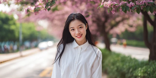 Chinese Student Smiling in Spring Portrait
