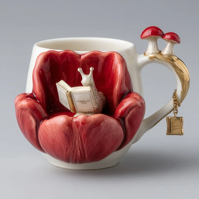 Whimsical Ceramic Mug with Snail Reading in a Tulip