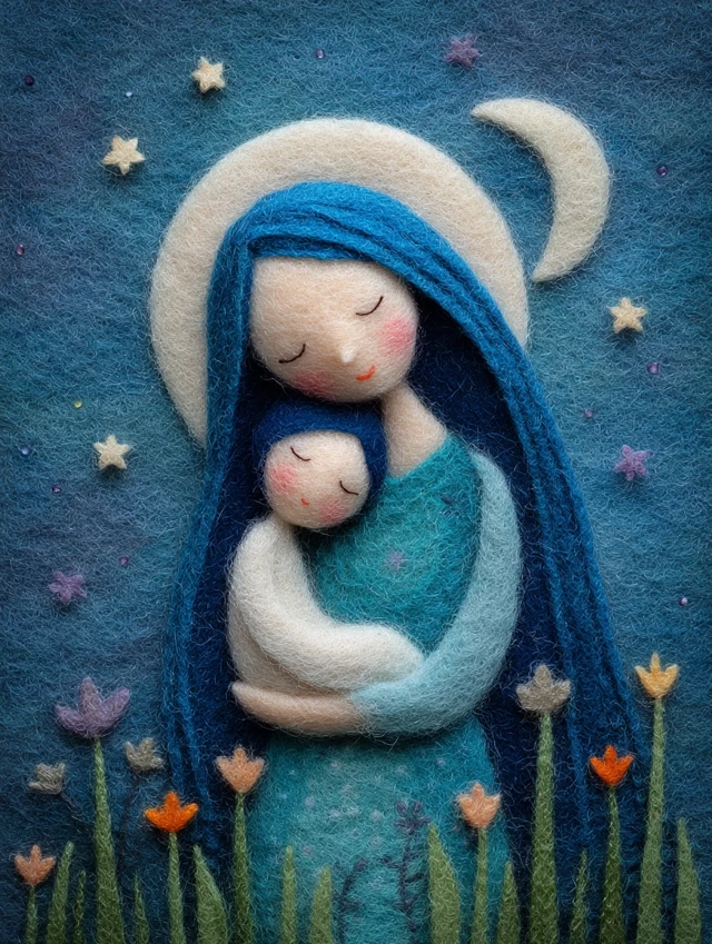 Angelic Mother and Child Wool Felt Art in Pastel Dream