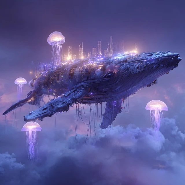 Cyberpunk Whale Above City