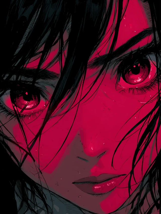 Anime Girl Eyes Glowing in Red Light
