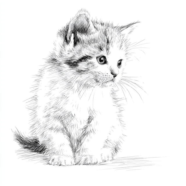 Cute Baby Cat Black and White Line Drawing