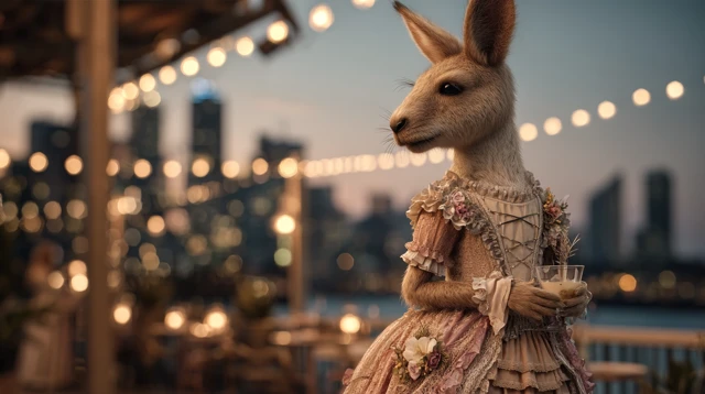 Anthropomorphic Kangaroo Woman Rooftop Bar Sunset