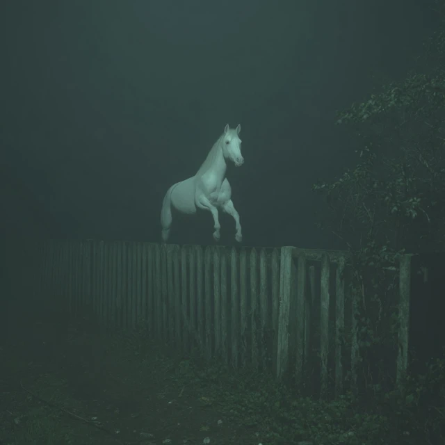 Creepy White Horse Jumping Fence at Night